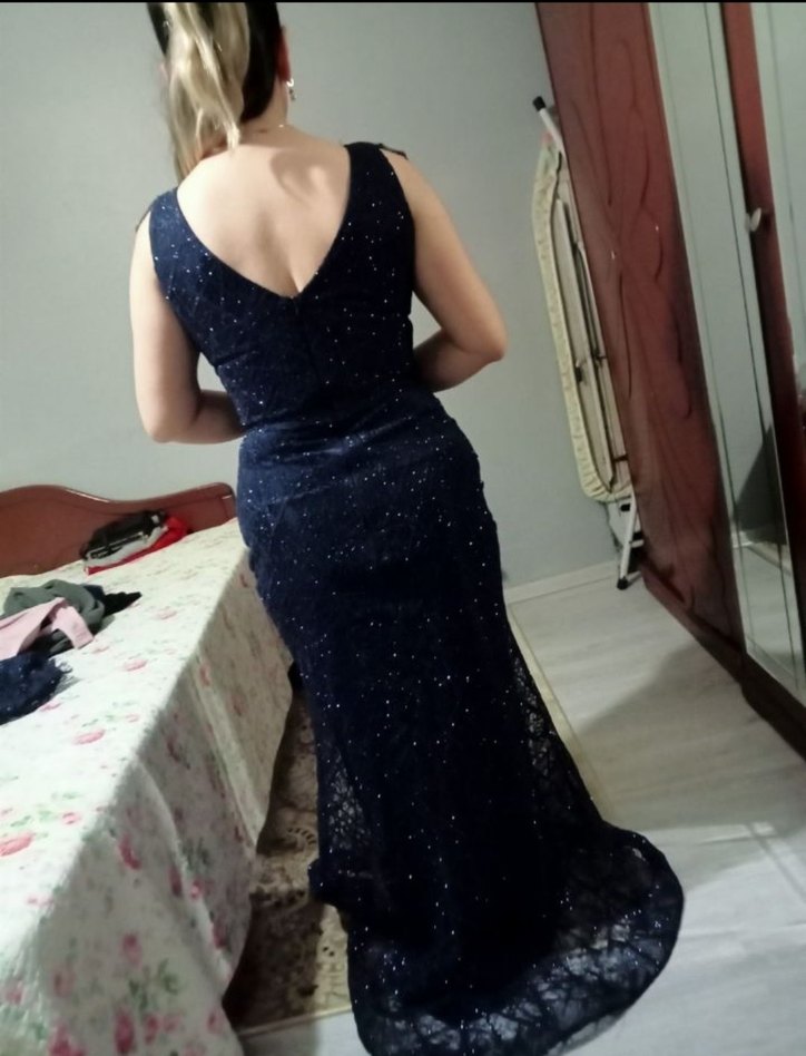 Lacivert Simli Uzun Abiye Elbise - Görsel 2