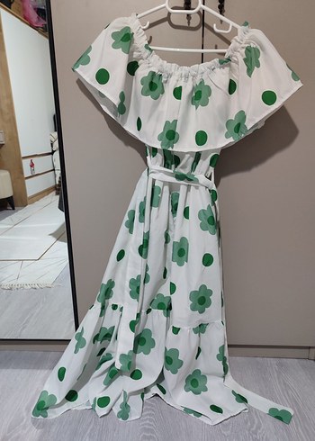 Beyaz Yeşil Çiçek Desenli Uzun Bohem Elbise - Görsel 4