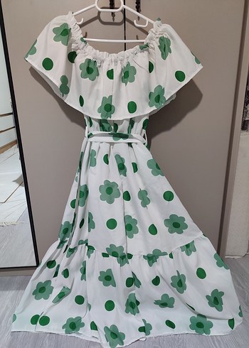 Beyaz Yeşil Çiçek Desenli Uzun Bohem Elbise - Görsel 6