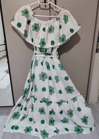 Beyaz Yeşil Çiçek Desenli Uzun Bohem Elbise - Görsel 5