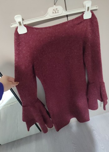 Bordo V Yaka Uzun Kollu Triko Midi Elbise - Görsel 4