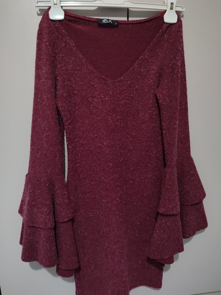 Bordo V Yaka Uzun Kollu Triko Midi Elbise - Görsel 2