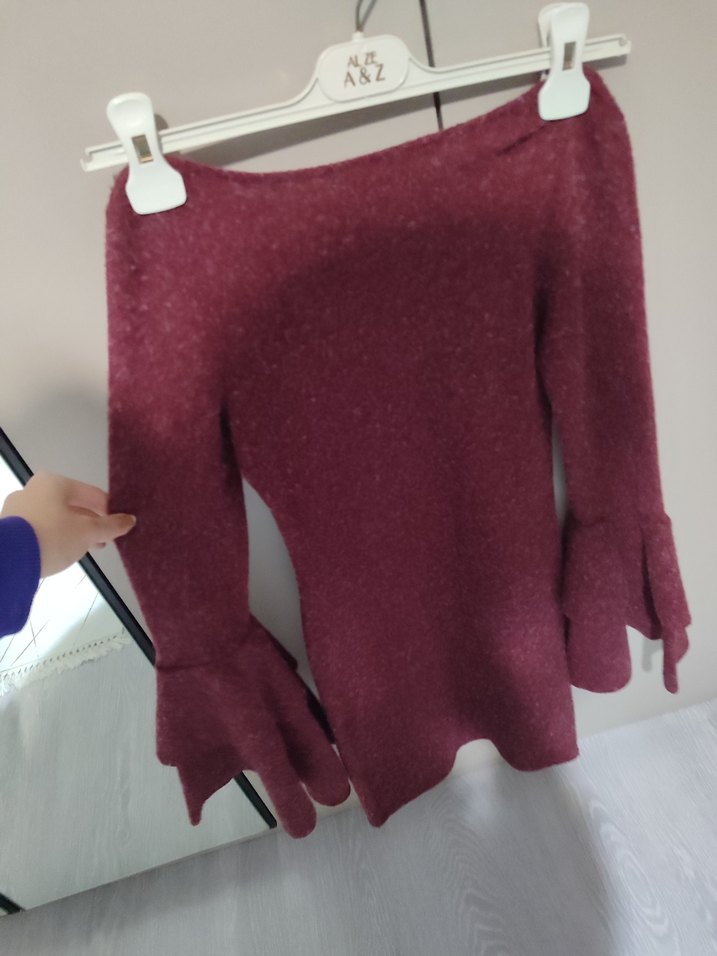 Bordo V Yaka Uzun Kollu Triko Midi Elbise - Görsel 4