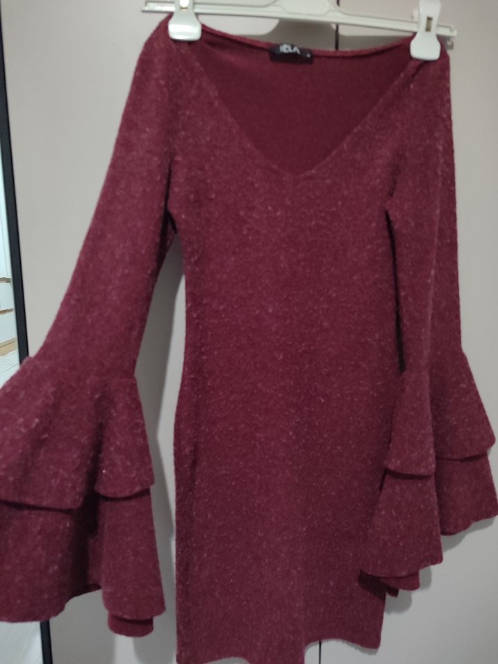 Bordo V Yaka Uzun Kollu Triko Midi Elbise - Görsel 3