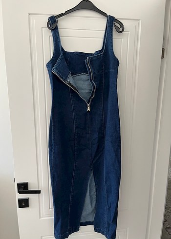 Diğer Lacivert Kadın Uzun Askılı Denim Elbise