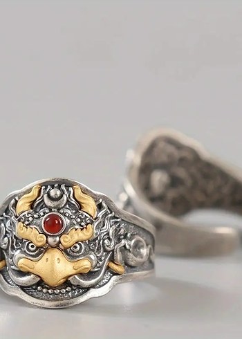 Vintage Guan Yu Gümüş Kaplama Ayarlanabilir Yüzük - Görsel 2