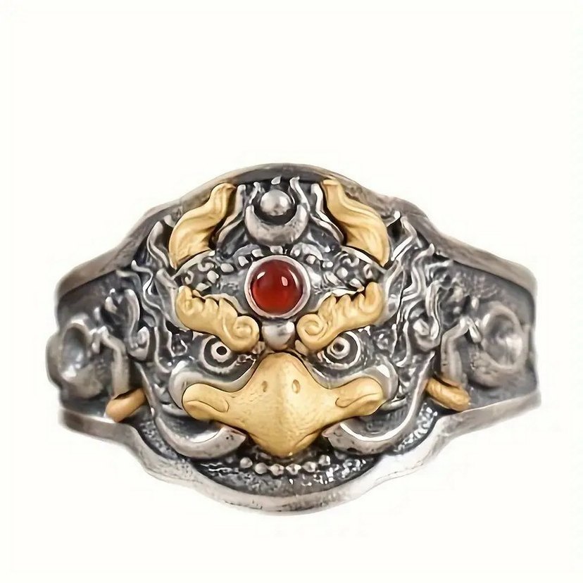 Vintage Guan Yu Gümüş Kaplama Ayarlanabilir Yüzük - Görsel 3