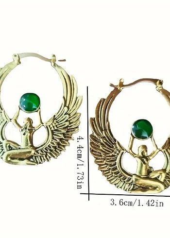 Altın Renkli Kanatlı Yeşil Taşlı Mısır ISIS Küpe - Görsel 6