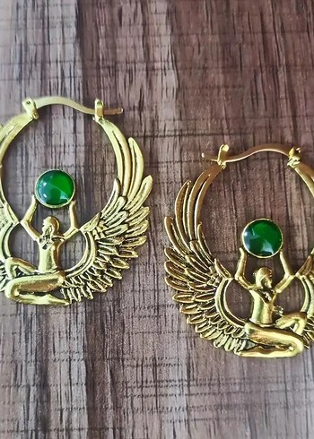 Altın Renkli Kanatlı Yeşil Taşlı Mısır ISIS Küpe - Görsel 3