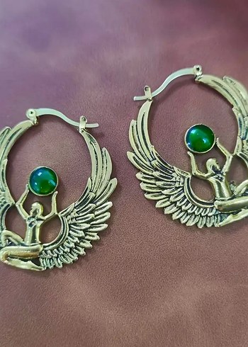 Altın Renkli Kanatlı Yeşil Taşlı Mısır ISIS Küpe - Görsel 5