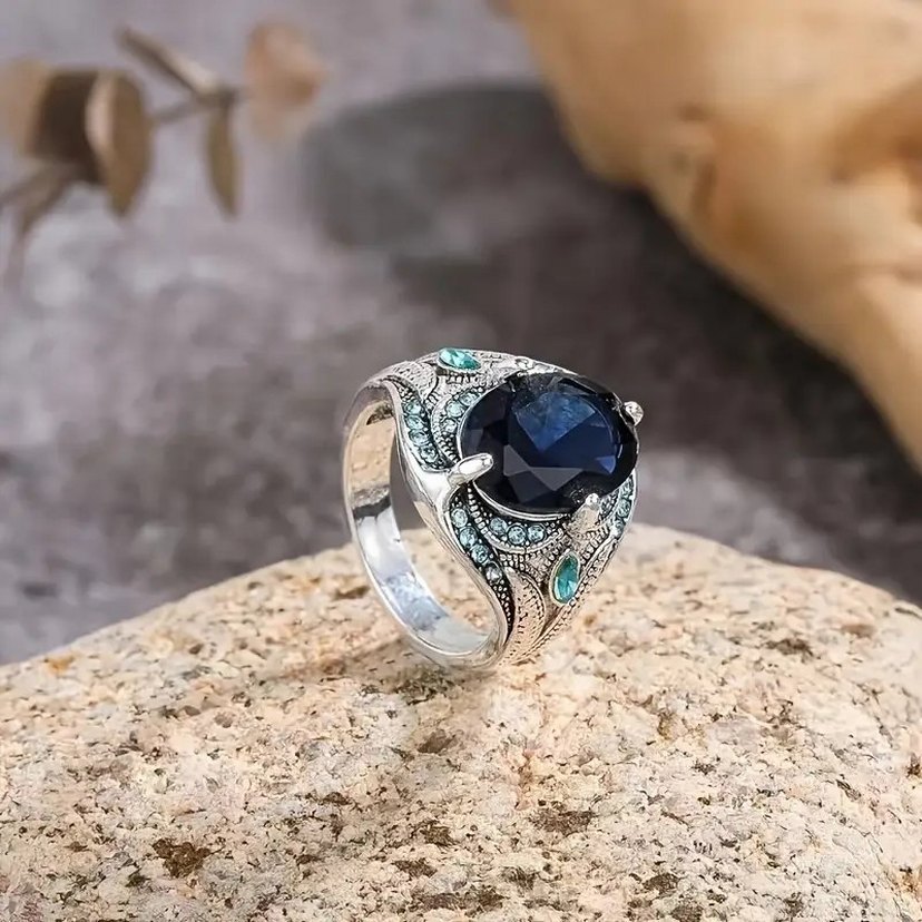 Erkek Vintage Mavi Taşlı Bohem Yüzük - Görsel 4