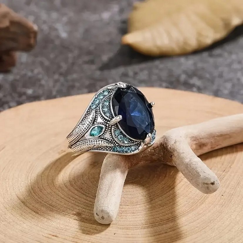 Erkek Vintage Mavi Taşlı Bohem Yüzük - Görsel 3