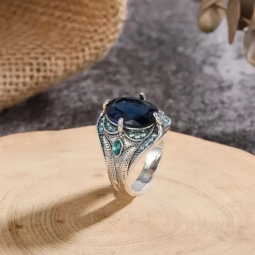 Erkek Vintage Mavi Taşlı Bohem Yüzük - Görsel 2
