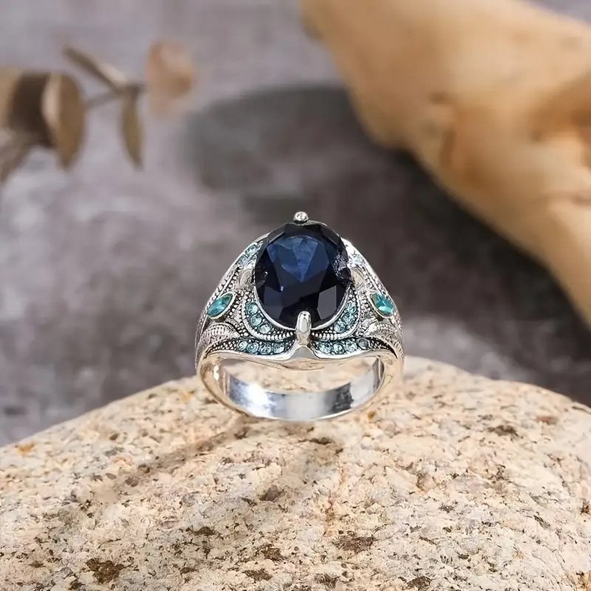 Erkek Vintage Mavi Taşlı Bohem Yüzük - Görsel 5