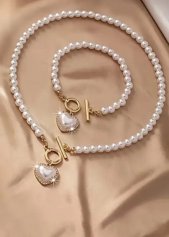 İnci Boncuklu Kalp Detaylı Kolye ve Bileklik Seti - Görsel 3