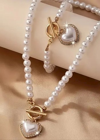 İnci Boncuklu Kalp Detaylı Kolye ve Bileklik Seti - Görsel 4