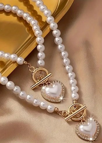 İnci Boncuklu Kalp Detaylı Kolye ve Bileklik Seti - Görsel 2