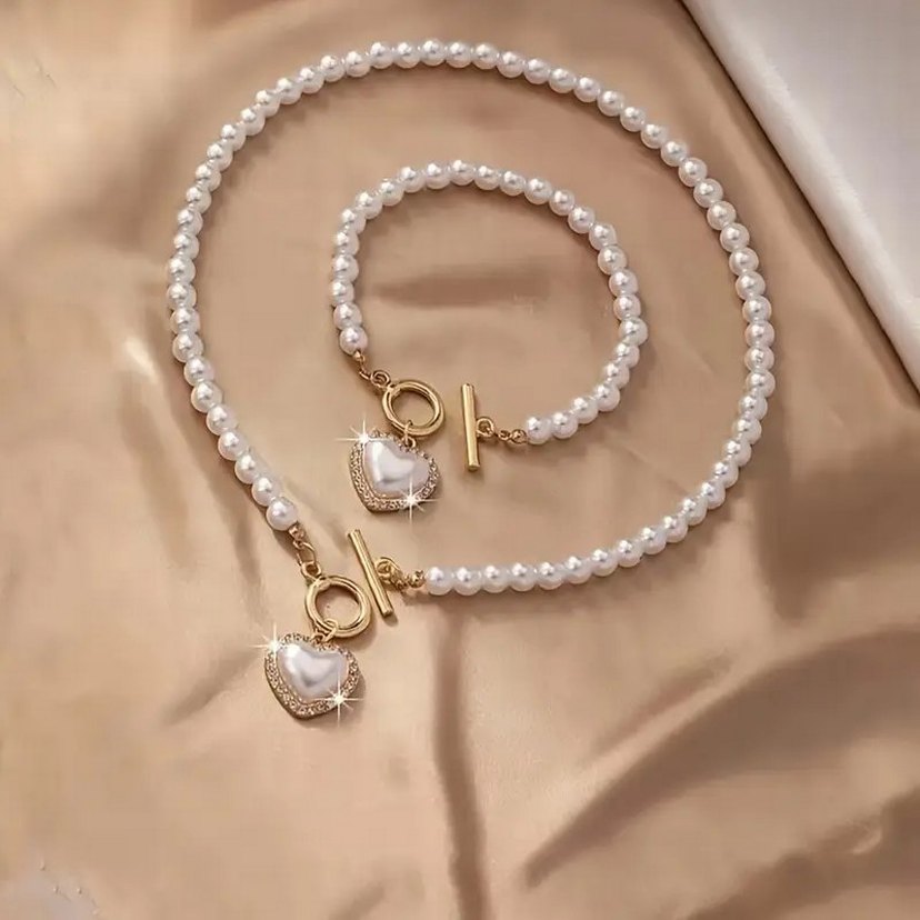 İnci Boncuklu Kalp Detaylı Kolye ve Bileklik Seti - Görsel 3