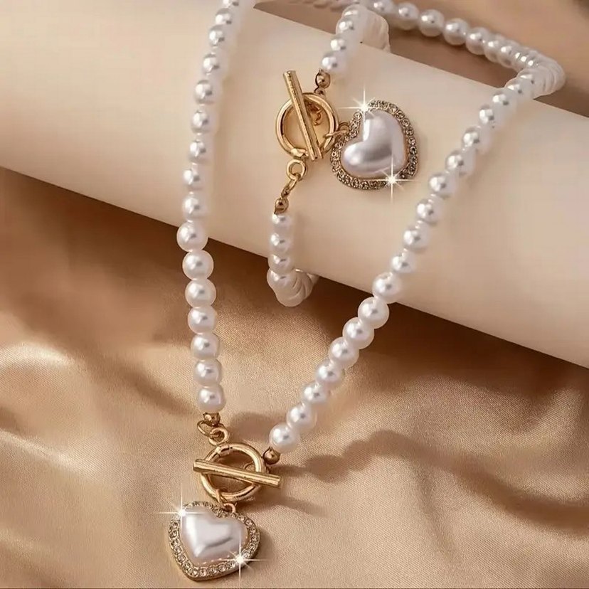 İnci Boncuklu Kalp Detaylı Kolye ve Bileklik Seti - Görsel 4