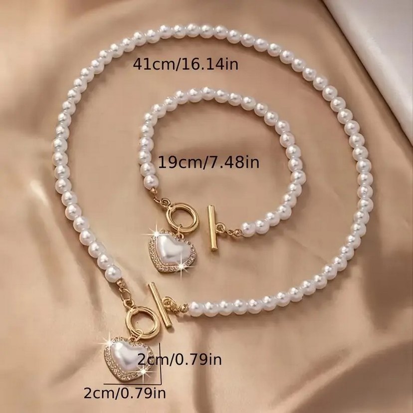 İnci Boncuklu Kalp Detaylı Kolye ve Bileklik Seti - Görsel 5