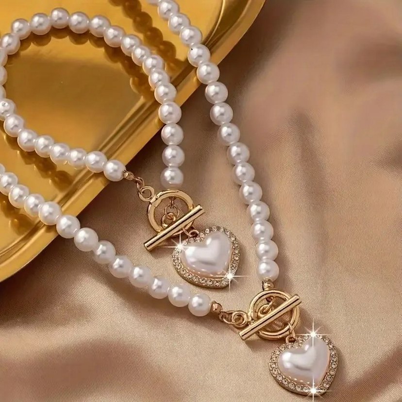 İnci Boncuklu Kalp Detaylı Kolye ve Bileklik Seti - Görsel 2