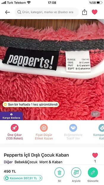 10 Yaş Beden pembe Renk 10 yaş çok kaliteli çift taraflı giyilebilir