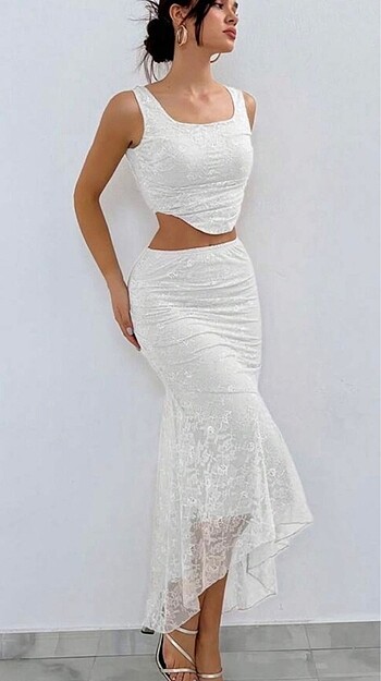 Tül balık mermaid etek crop dantel
