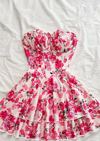 Çiçekli Straplez Mini Elbise - Görsel 3