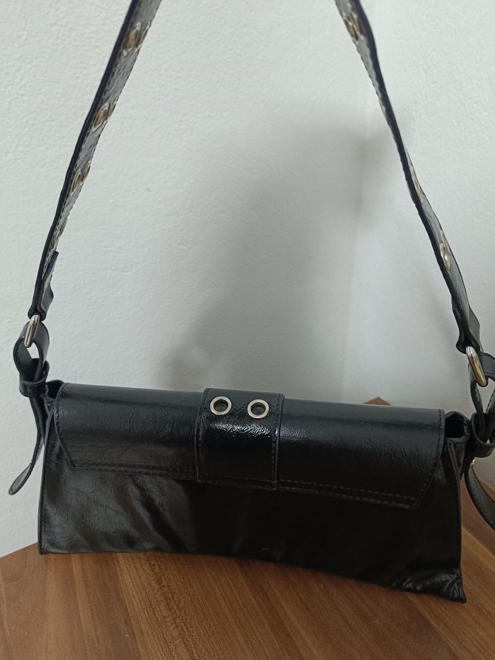 Parlak Siyah Baskılı Deri Omuz Çantası - Görsel 5