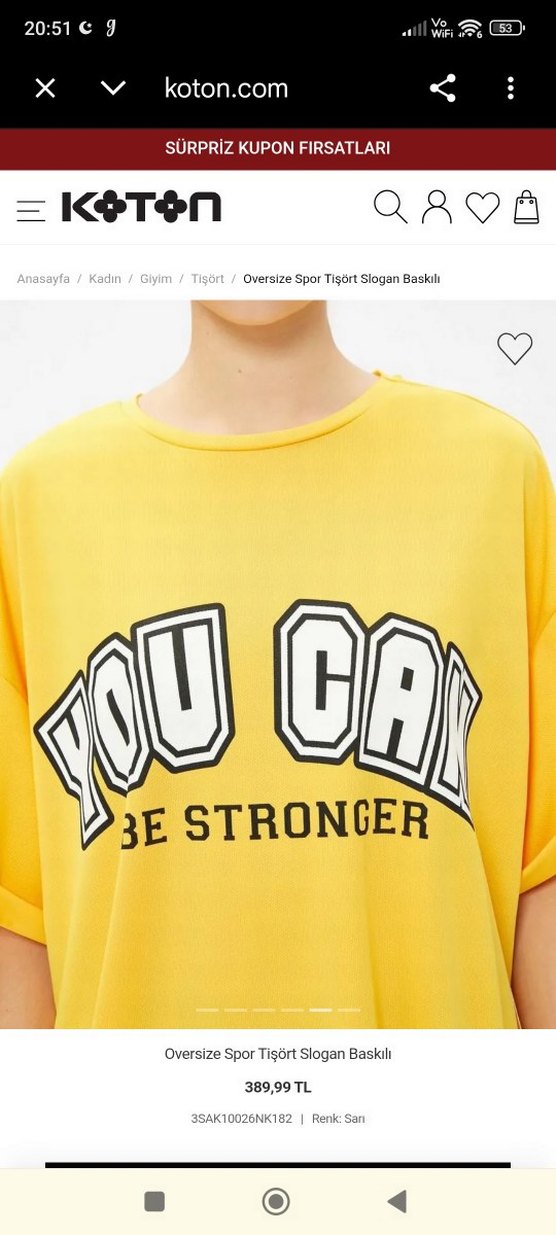 Koton markası Sarı Oversize Spor Tişört - Görsel 4