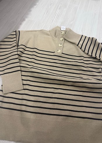 Bej Çizgili Kadın Triko Kazak - Görsel 2