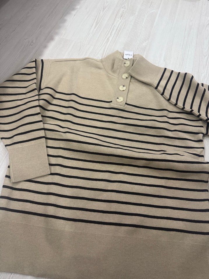 Bej Çizgili Kadın Triko Kazak - Görsel 2