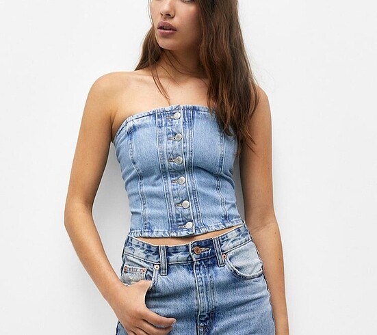 Denim straplez büstiyer top