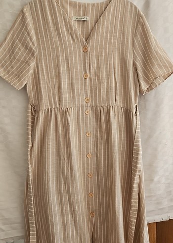 H&M Bej Çizgili Keten Uzun Elbise