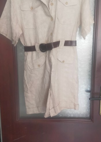 Bej Kemerli Keten Kadın Mini Tulum - Görsel 4