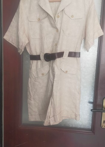 Bej Kemerli Keten Kadın Mini Tulum - Görsel 3