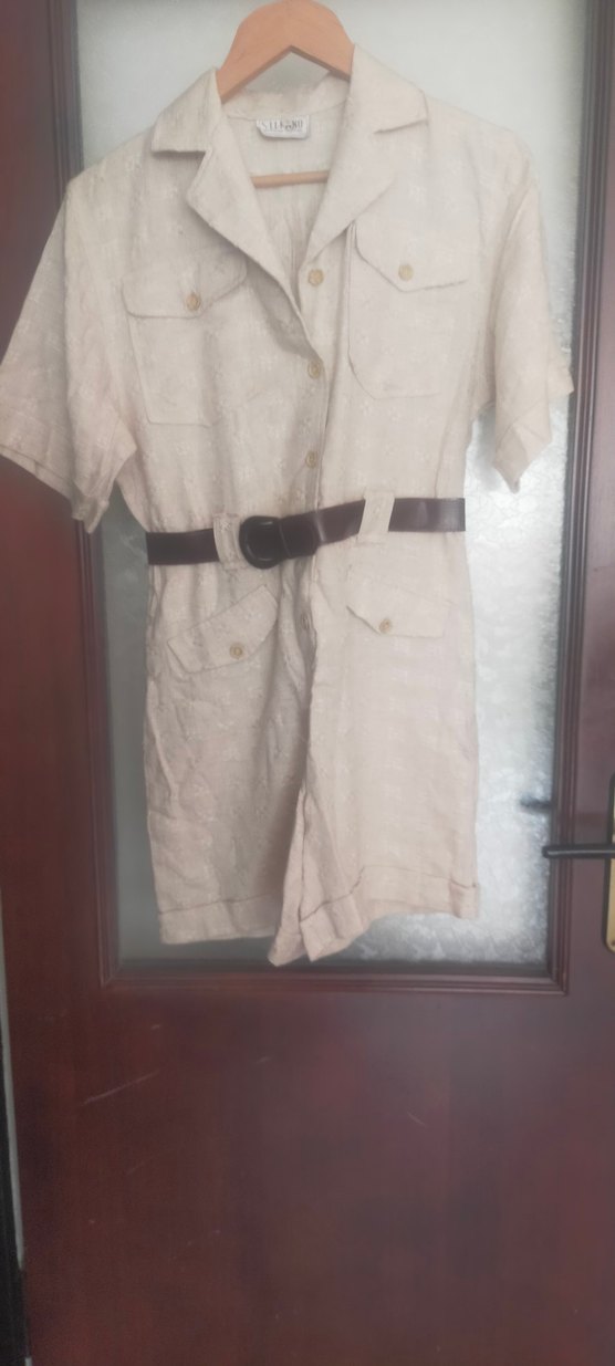 Bej Kemerli Keten Kadın Mini Tulum - Görsel 4