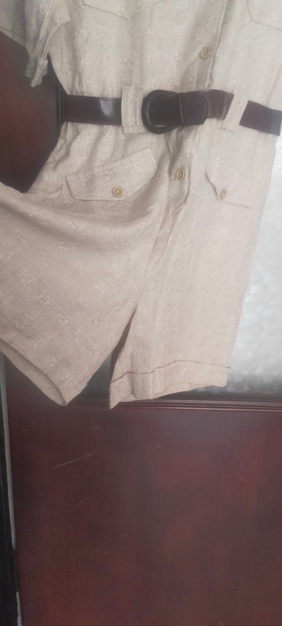 Bej Kemerli Keten Kadın Mini Tulum - Görsel 2