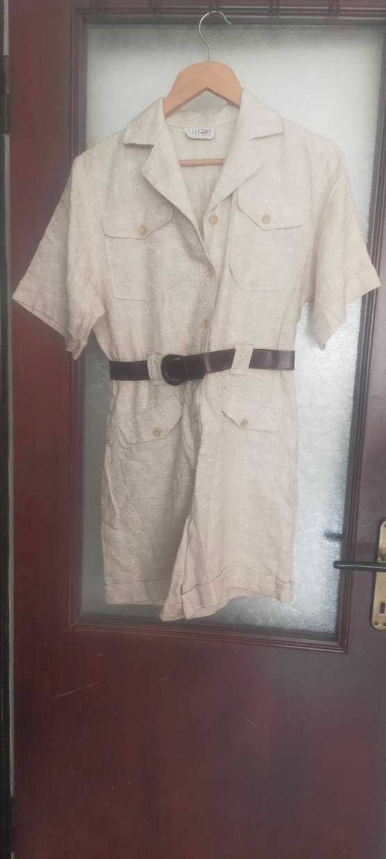 Bej Kemerli Keten Kadın Mini Tulum - Görsel 3