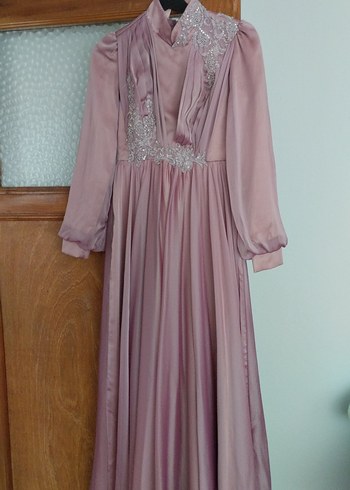 Pembe Uzun Kollu Drapeli Abiye Elbise - Görsel 2