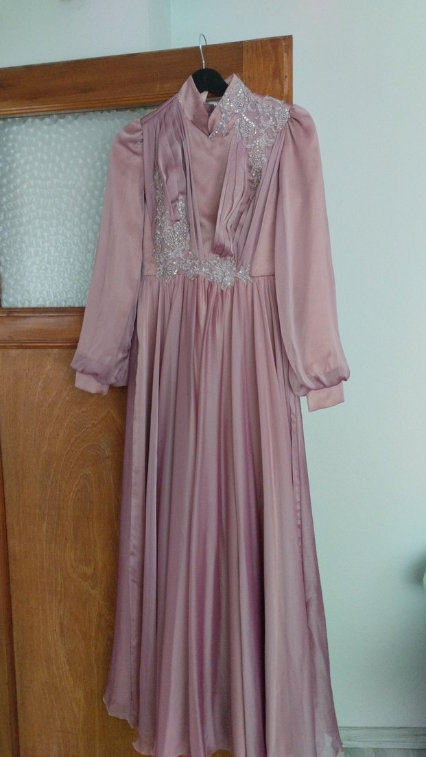 Pembe Uzun Kollu Drapeli Abiye Elbise - Görsel 2