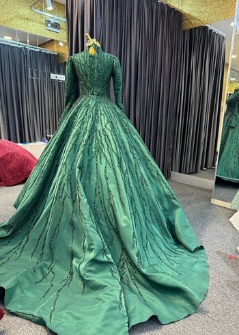 İşlemeli Yeşil Uzun Abiye Elbise - Görsel 5