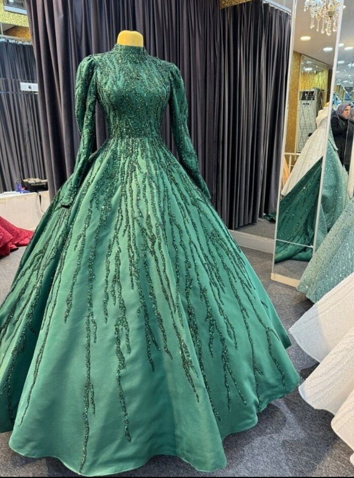 İşlemeli Yeşil Uzun Abiye Elbise - Görsel 2