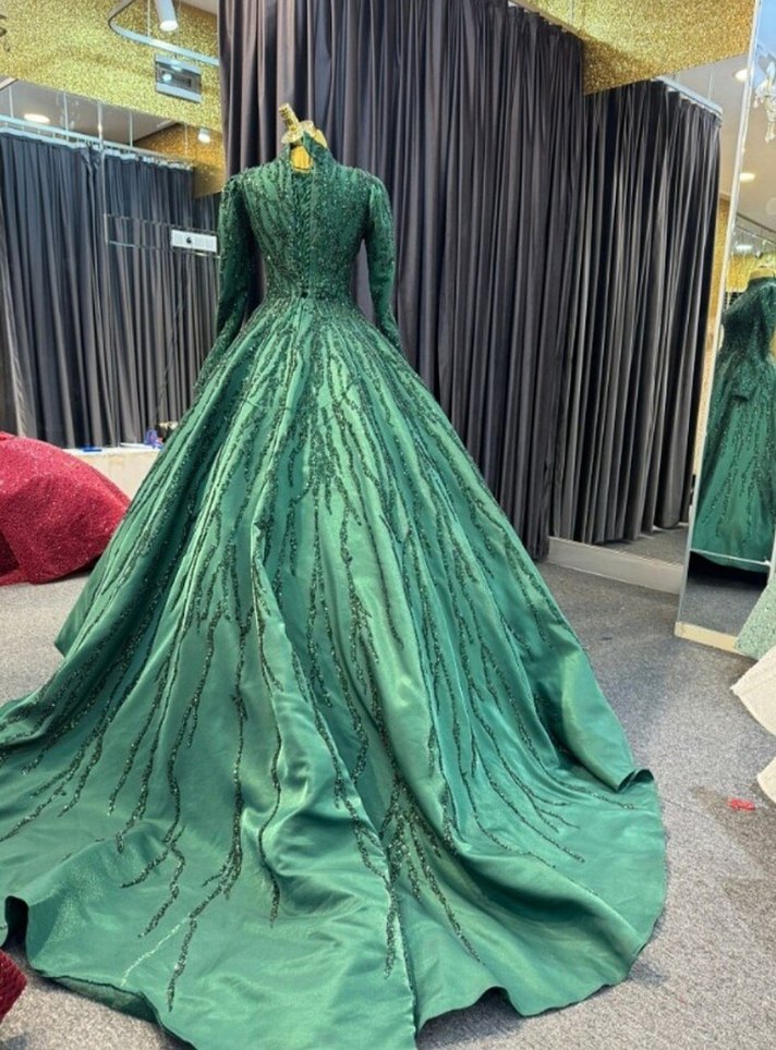 İşlemeli Yeşil Uzun Abiye Elbise - Görsel 5