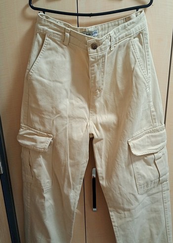 kargo cepli krem rengi kot pantolon - Görsel 2