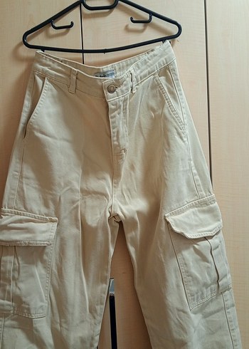 kargo cepli krem rengi kot pantolon - Görsel 3