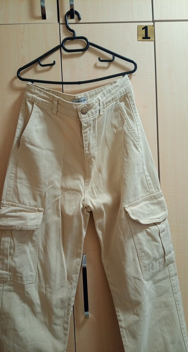 kargo cepli krem rengi kot pantolon - Görsel 3