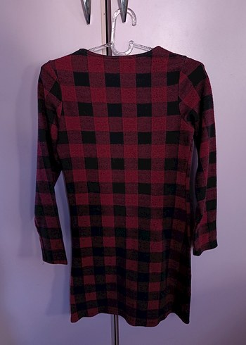 Bordo Kareli Uzun Kollu Triko Elbise - Görsel 4