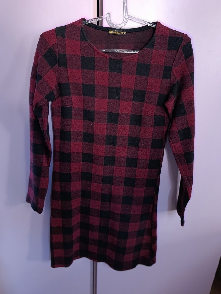 Bordo Kareli Uzun Kollu Triko Elbise - Görsel 3