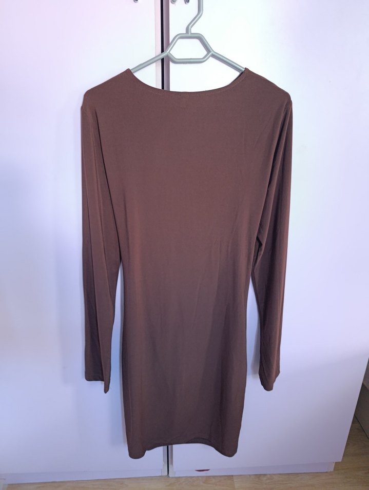 Kahverengi Drapeli Midi Elbise - Görsel 2